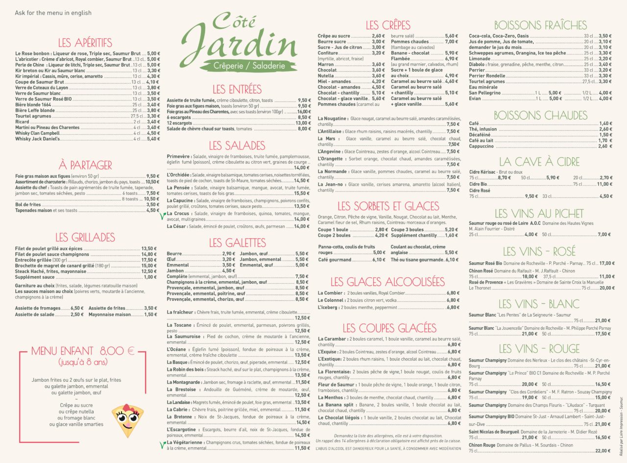 Notre carte Restaurant Côté Jardin